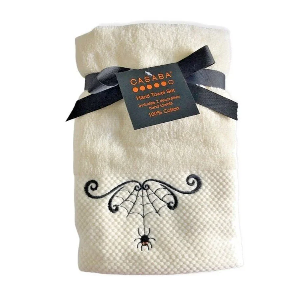 Casaba Happy Halloween Spider Web Hand Towels Embroidered Ivory Spooky Set Of 2